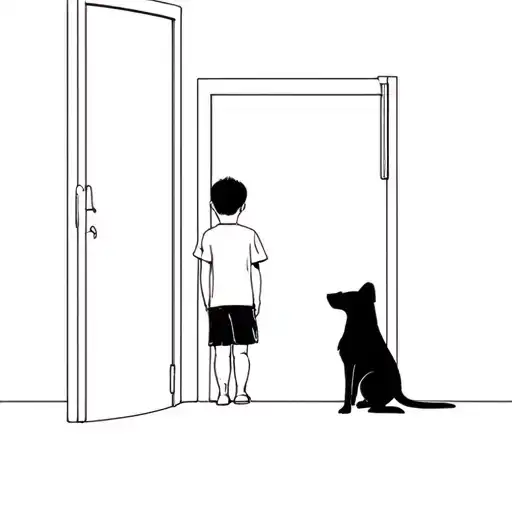 Boy And Dog Looking Out Front Door