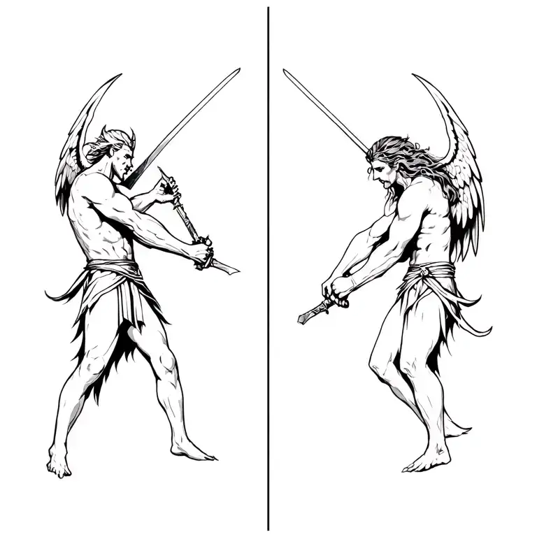 Demons And Angels Fighting Represented As Swordsmans
