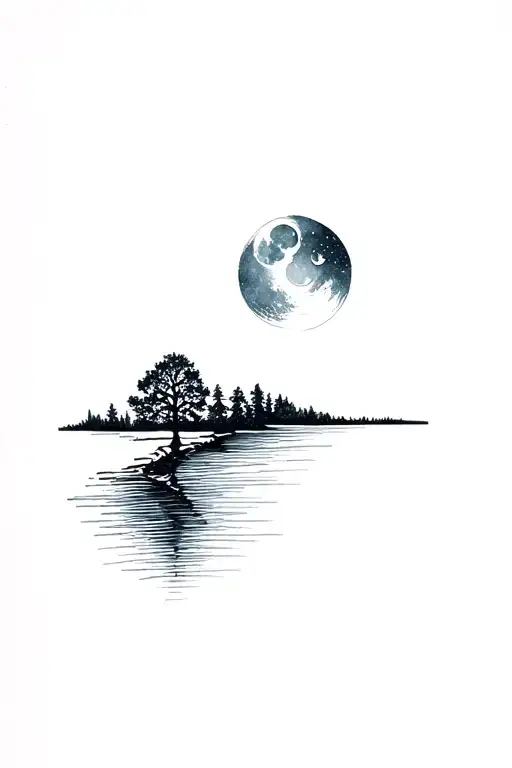 Moon Reflecting Off River With Trees