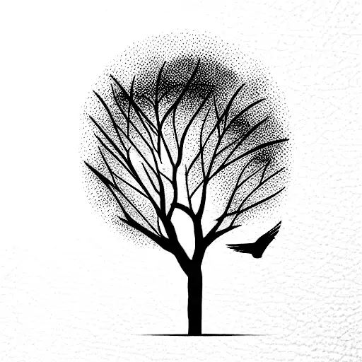 Elm Tree With A Bird Flying Over And A Rock At The Base Of The Tree