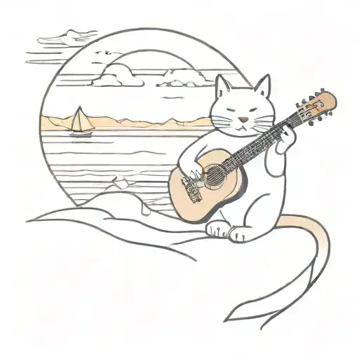 A Cat Playing A Guitar On A Beach With A Sun Setting In The Background