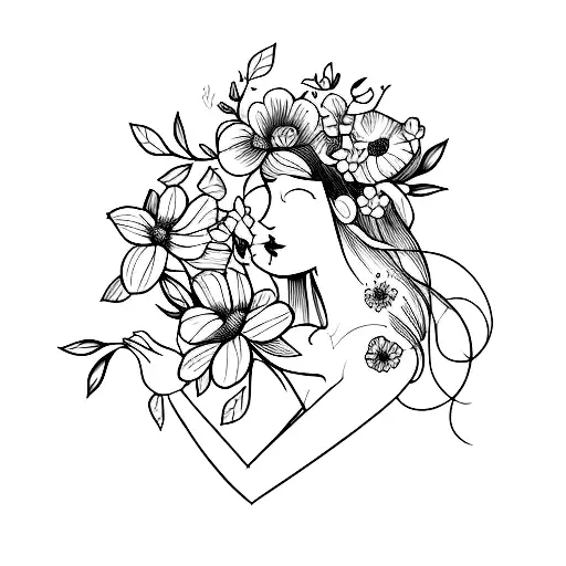 Simple Continuous Fine Line Woman With Flowers On Her Body