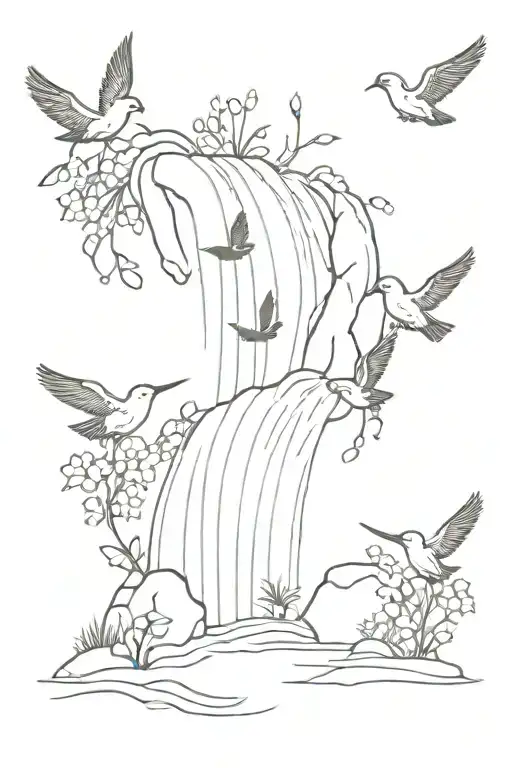 A Dotwork Tattoo Of A Peaceful Waterfall With Birds And Flowers Cascading Down In A Tranquil Scene