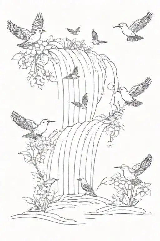 A Dotwork Tattoo Of A Peaceful Waterfall With Birds And Flowers Cascading Down In A Tranquil Scene
