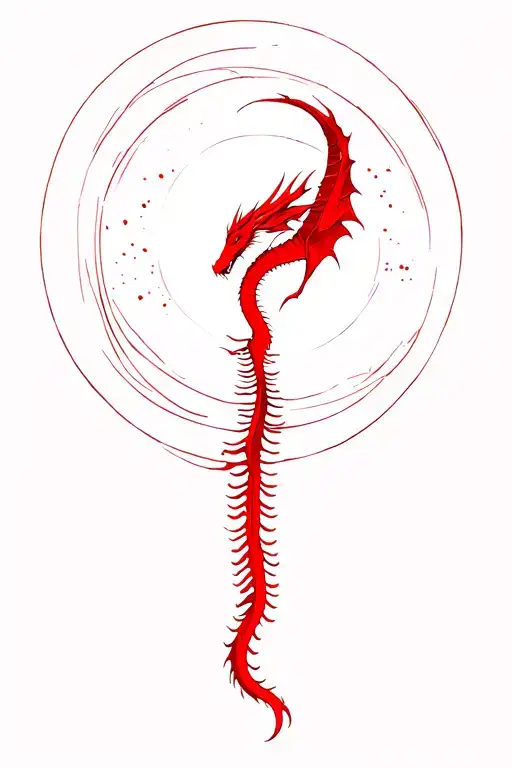 A Feminin Long Spine Tattoo Of A Red Minimalistic Dragon Flying Up To A Full Moon