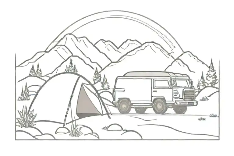 An Suv Is Driving In Nature Between Rocks And Next To A Fire With A Tent