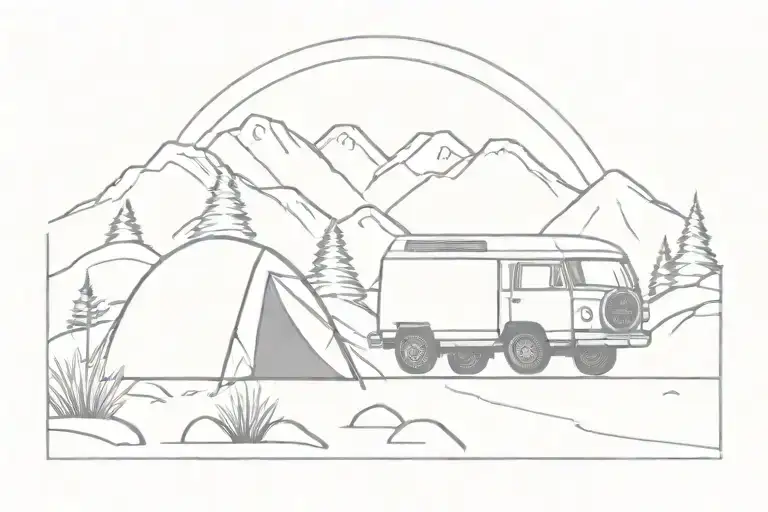 An Suv Is Driving In Nature Between Rocks And Next To A Fire With A Tent