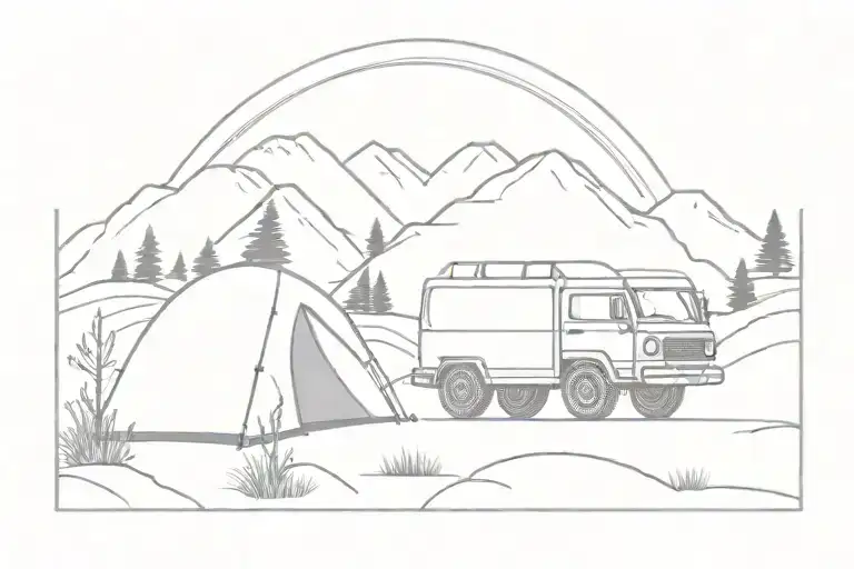A Jeep Is Driving In Nature Between Rocks And Next To A Fire With A Tent