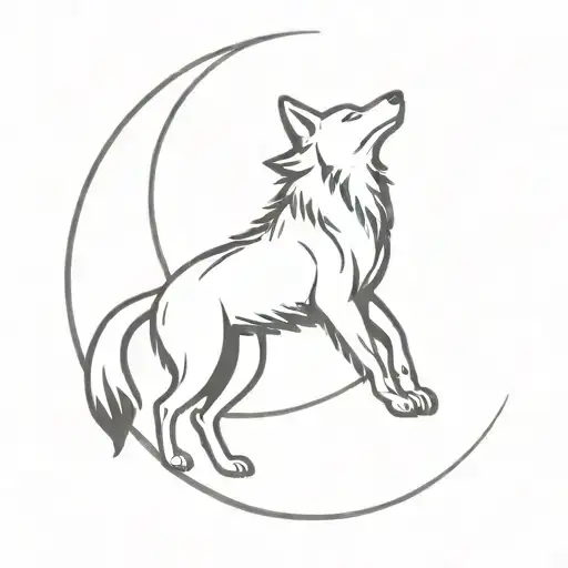 A Minimalist Tattoo Design Of A Wolf Howling At A Crescent Moon In Space