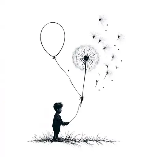 Boy Holding Dandelion Like A Balloon Floating