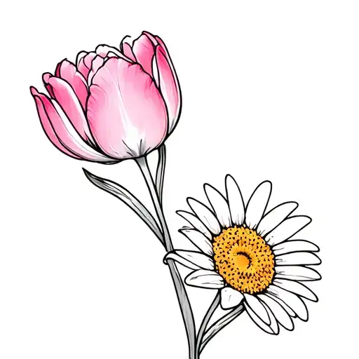Fushcia Tulip And Daisy Flowers Intertwined