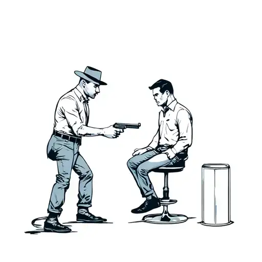 Mafia Guy Pointing A Gun At A Guy Sitting On A Stool