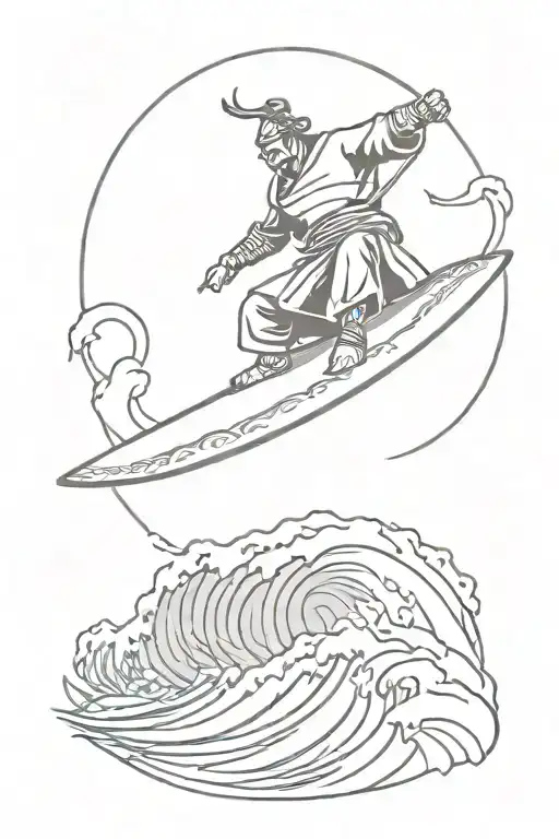 Surfing Samurai Warrior On A Huge Wave