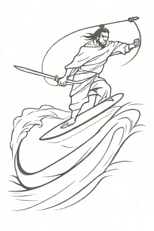 Surfing Samurai Warrior On A Huge Wave With And Anchor At The Bottom Of The Wave
