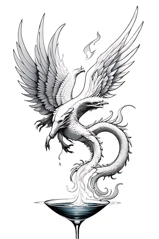 Phoenix Rising Wings Flying Opposite Dragon Wings Flying Hour Glass Water Fire