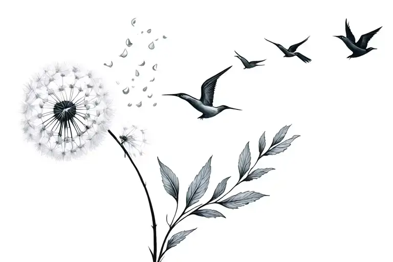 White Dandelion With Leaves Blowing Away And Turning Into Birds