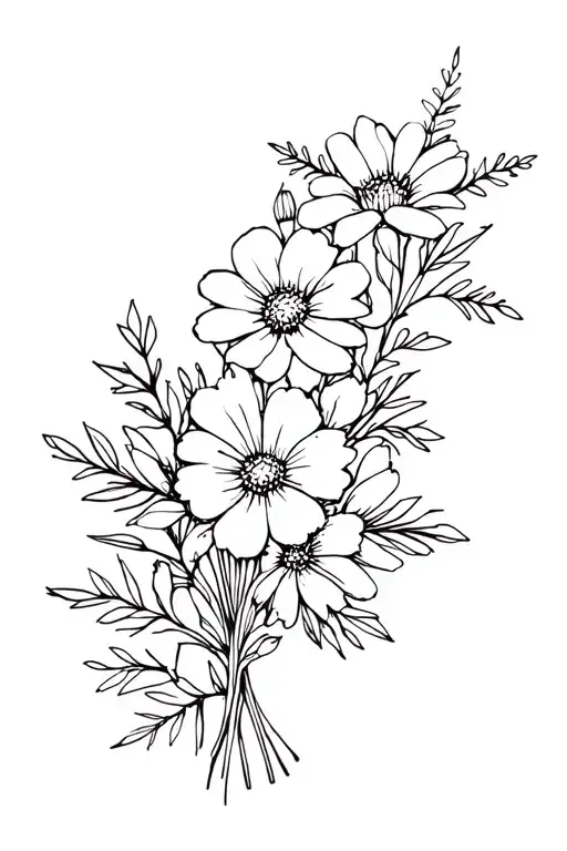 Fine Line Tattoo With The July And November Birth Flowers In A Bouquet Like A Bunch Of Flowers