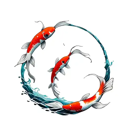Circle Of Koi Fishes Swimming In Waves And Cherry