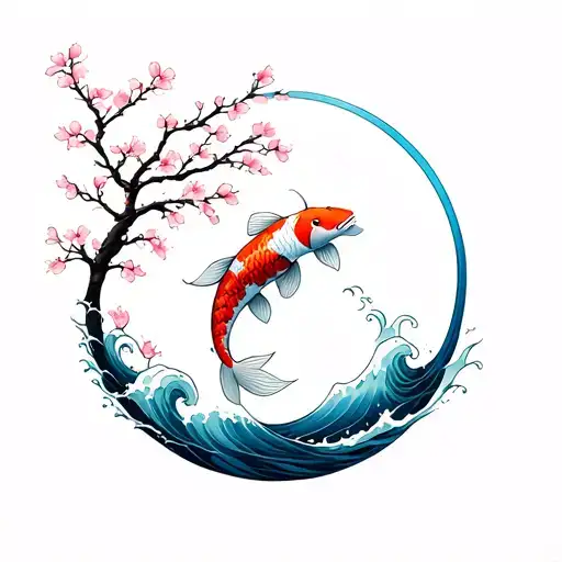Circle Of Koi Fishes Swimming In Waves And Cherry Blossom Tree