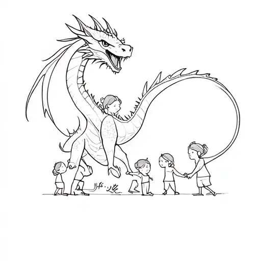 A Minimalist Design Of A Dragon Playing With Children In A School Setting