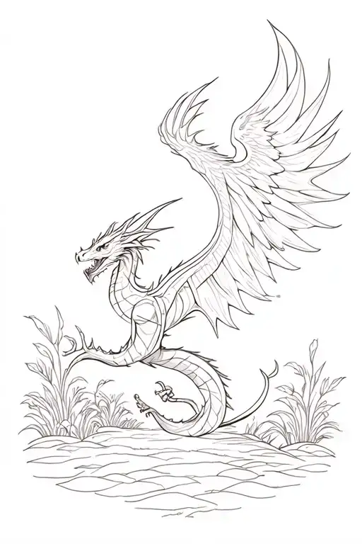 A Minimalist Design Of A Dragon Morphing Into A Phoenix In A Nature Setting