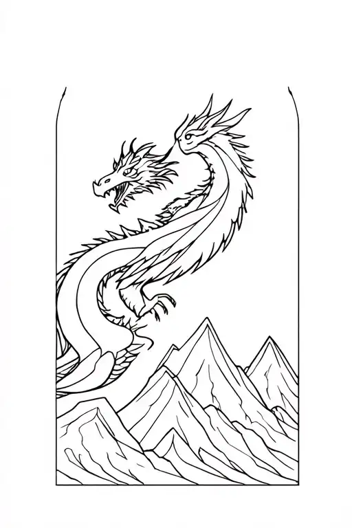 A Minimalist Line Drawing Design Of A Dragon Mixed With A Phoenix In A Mountain Setting