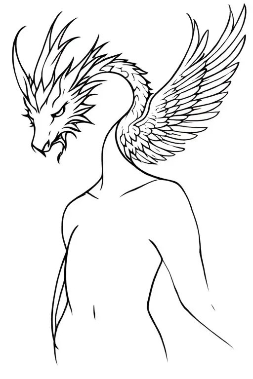 A Minimalist Line Design Of A Body With One End Dragon Head One End Phoenix Head And Wings