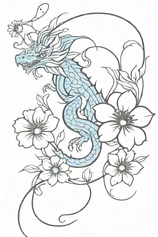 Light Blue Dragon And Flowers With Black Color