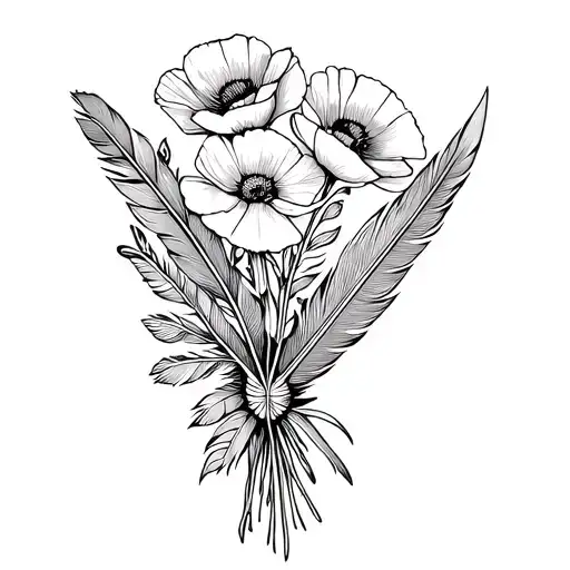 Dainty Poppies And Native American Feathers Held In Bouquet