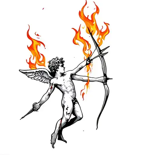 A Burntout Cupid With Scars Holding A Broken Bow With Flaming Arrows