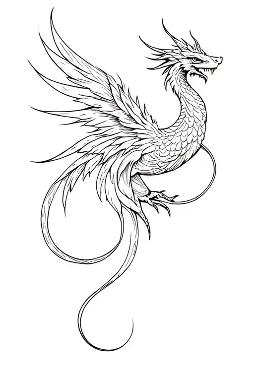 Minimalist Simple Line Drawing Phoenix Swirl Intertwined Dragon