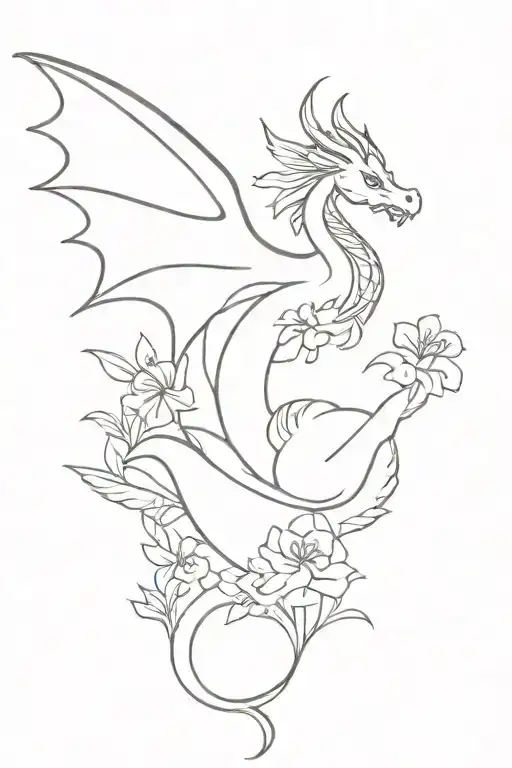 Dragon With Big Wings In Flowers