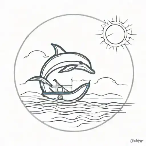 Boat With Sun Setting And Dolphin
