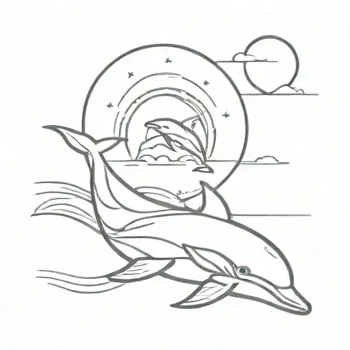 Boat With The Sun Setting And Dolphin Swimming Gracefully