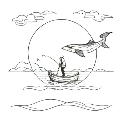 Small Boat With Fisherman And With The Sun Setting And Dolphin Swimming