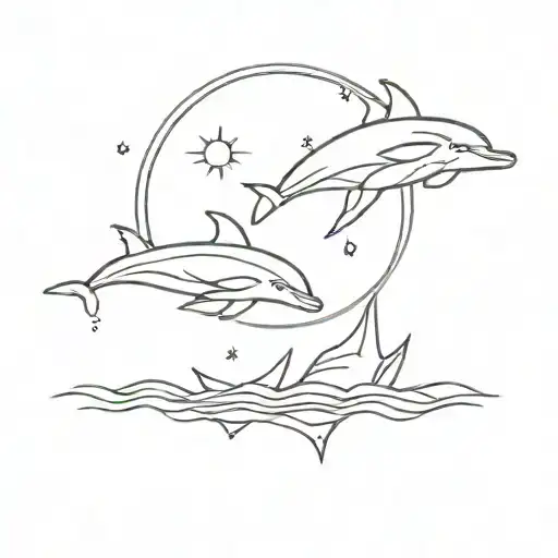 Boat With Sun And Dolphin In Sea