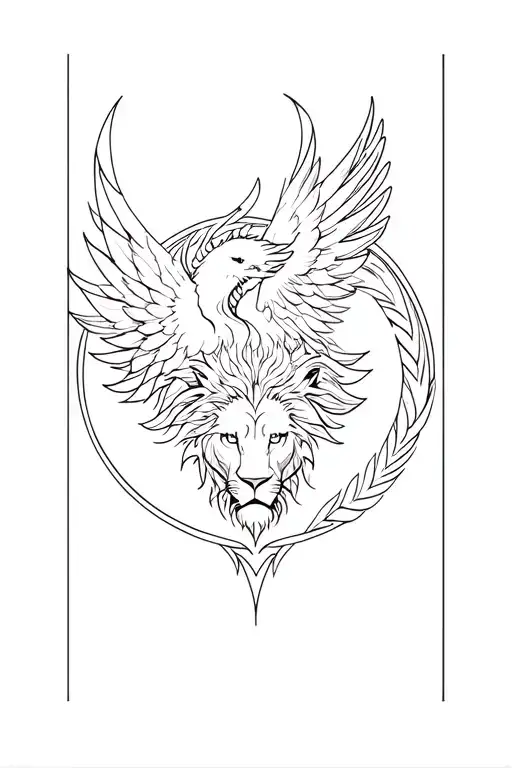 A Phoenix Rising With A Lions Head Surrounded