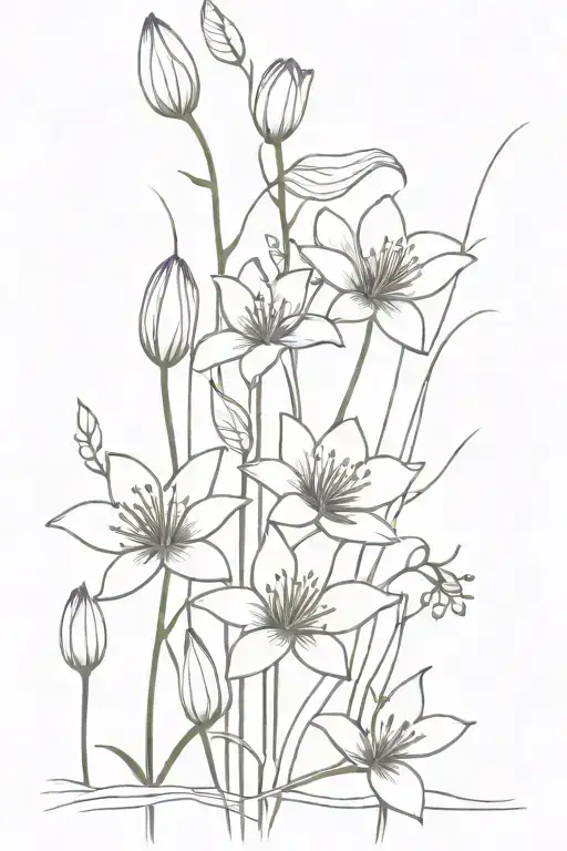 Fine Line Tatto With Waterlillys And Violet Flower Bouquet With Long Stems As Minimalist As Possible