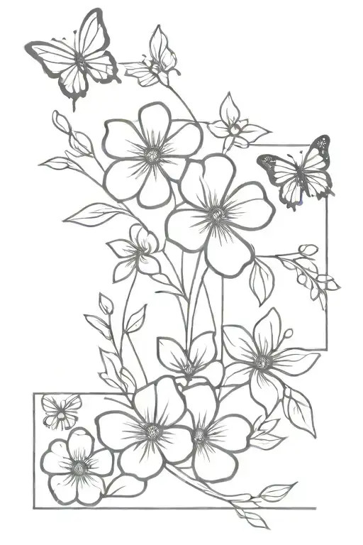 Fine Line Flower Bouquet And Paw Print And Butterfly