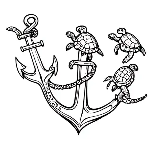 Three Hawaiian Turtles On An Anchor And Double Cherry