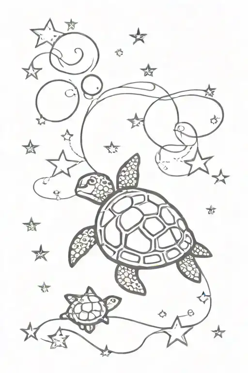 Line Of Bubbles And Stars And A Turtle Swimmingturtle Swiming In Stars