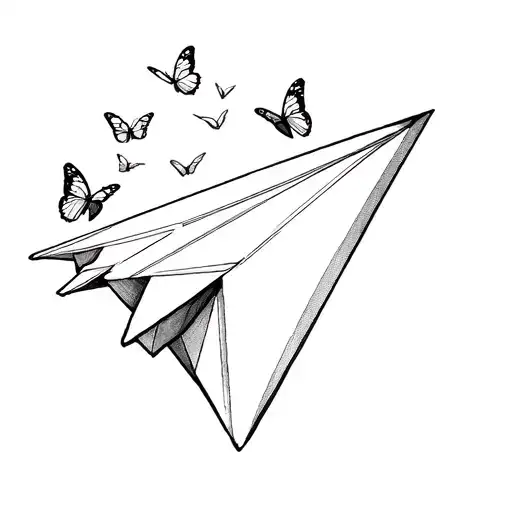 Create A Tattoo Sketch Of A Paper Airplane With Little Butterflies Supporting It