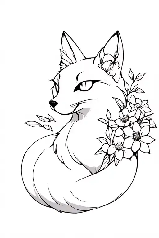 Kitsune With Flowers Against The Background