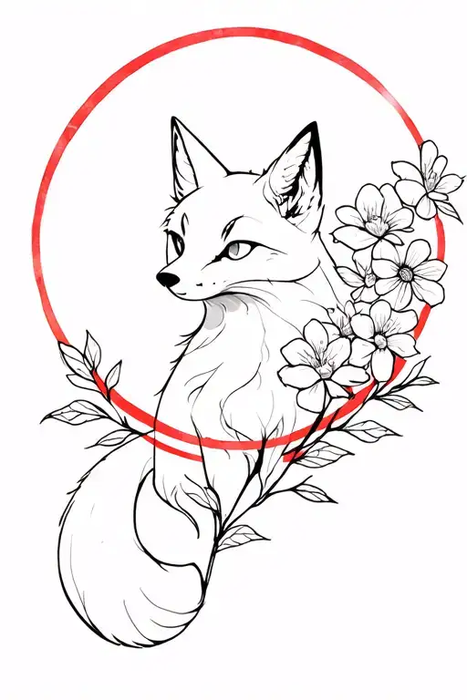 Kitsune With Flowers Against The Background Of A Red Circle