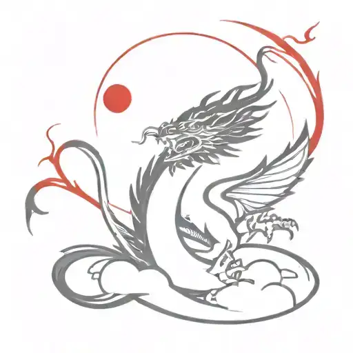 Japanese Dragon With Black Grey Color And A Sun Shining With Red Color