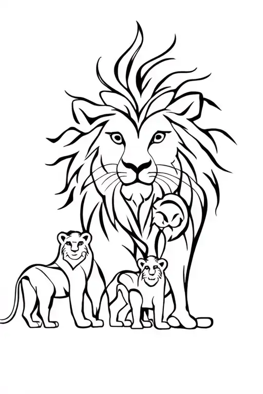 Tribal Lion With Two Cubs And Lioness