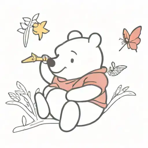 Minimalist Winnie The Pooh Holding A Red Cardinal With A Yellow Butterfly Flying Above