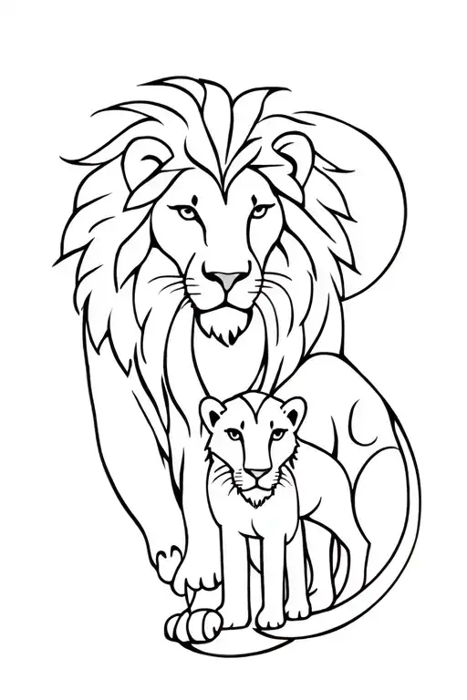 Tribal Lion With Lioness Protecting Her Cubs