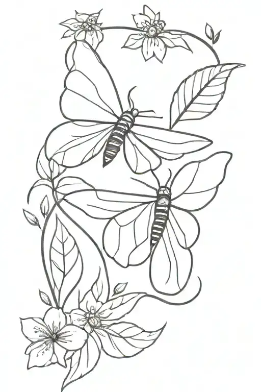 Black And White Realistic Moth With Leaves And Flowers Intertwined