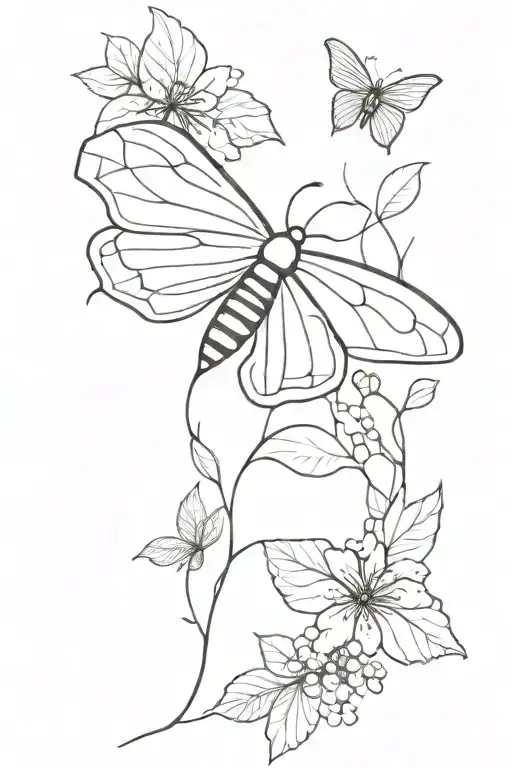 Black And White Realistic Moth With Leaves And Flowers Intertwined